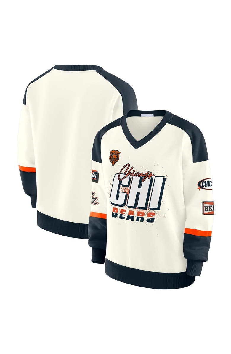 WEAR by Erin Andrews Women's WEAR by Erin Andrews  Cream Chicago Bears Racing Crew V-Neck Sweatshirt, Main, color, Cream