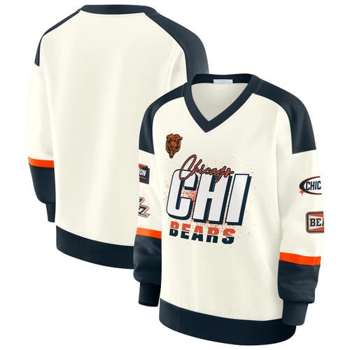 Wear By Erin Andrews Cream Chicago Bears Racing Crew V-neck Sweatshirt In White
