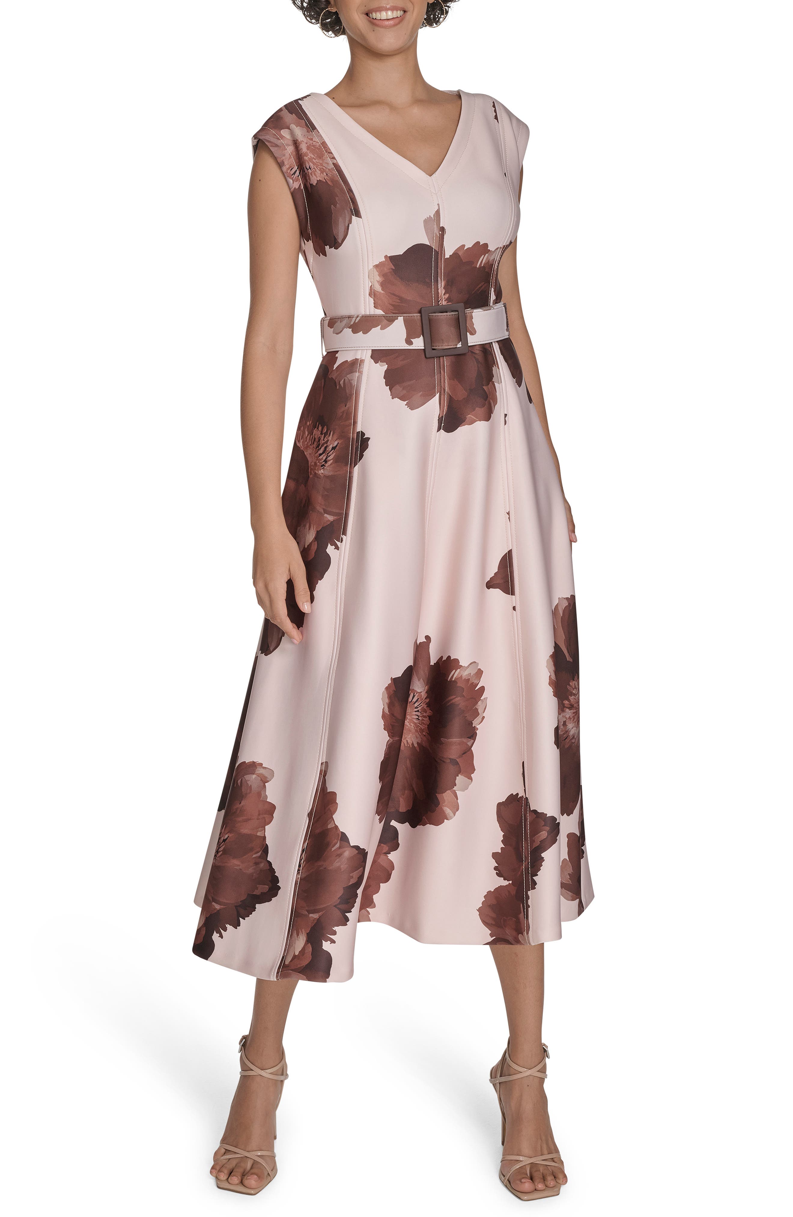Calvin Klein Floral V-Neck Belted Midi A-Line Dress