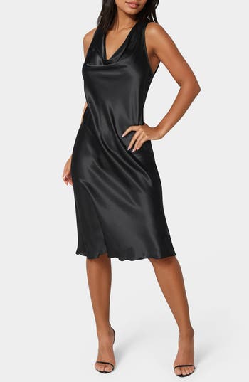 Bebe Drape Front Sleeveless Satin Midi Dress In Black