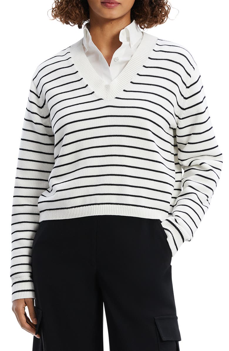 Theory Waverly Stripe Cotton V-Neck Crop Sweater, Main, color, White/ Black