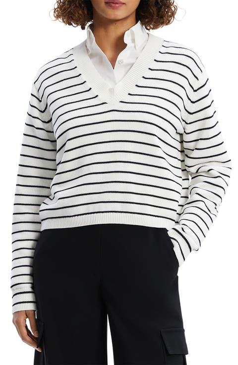Waverly Stripe Cotton V-Neck Crop Sweater (Regular & Petite)