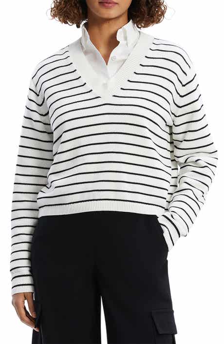 Theory Waverly Stripe Cotton V-Neck Crop Sweater