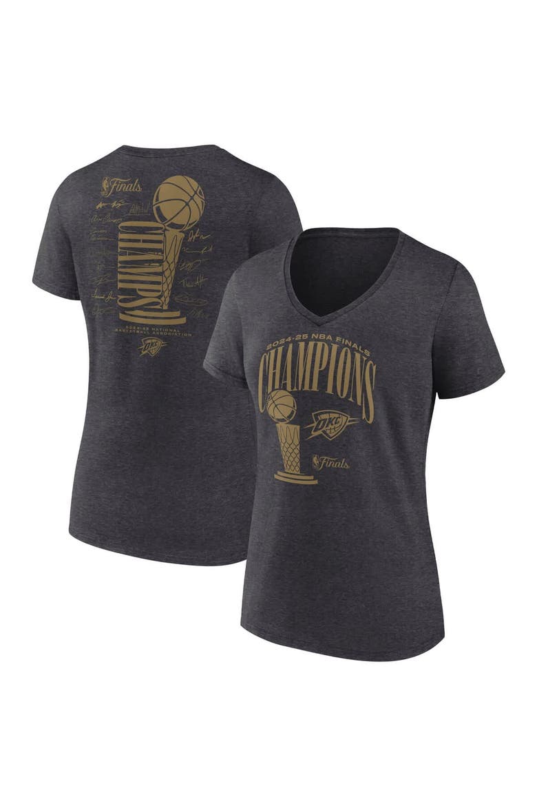 Women's Fanatics  Heather Charcoal Oklahoma City Thunder 2025 NBA Finals Champions Double Dribble V-Neck T-Shirt, Alternate, color, Heather Charcoal