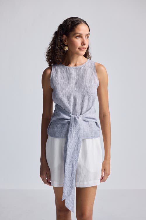 Reistor Front-tie Top In Pin Striped Linen