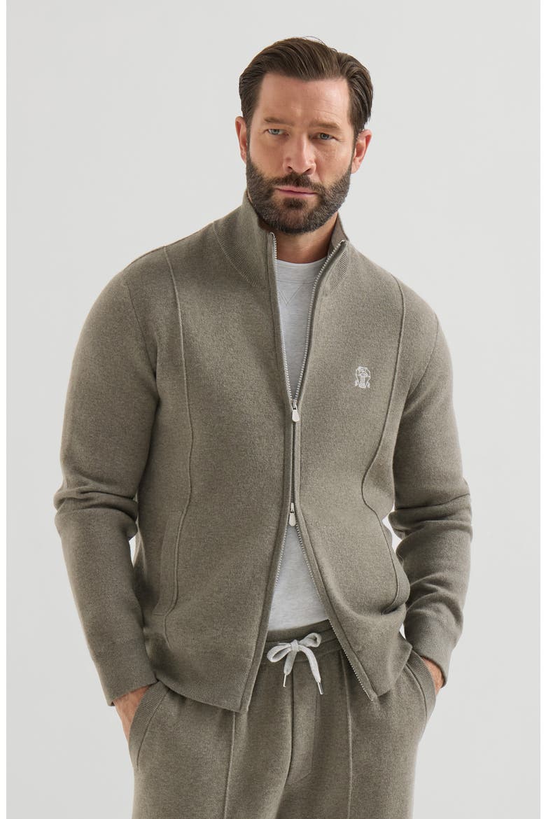 Cashmere double knit cardigan with zipper and logo, Main, color, Military