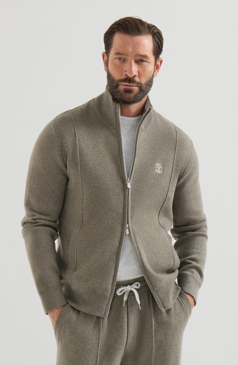 Cashmere double knit cardigan with zipper and logo
