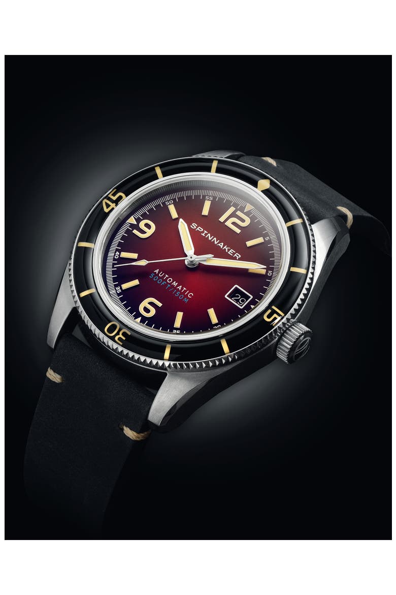 Fleuss Automatic Leather Strap Watch, 43mm, Alternate, color, RED