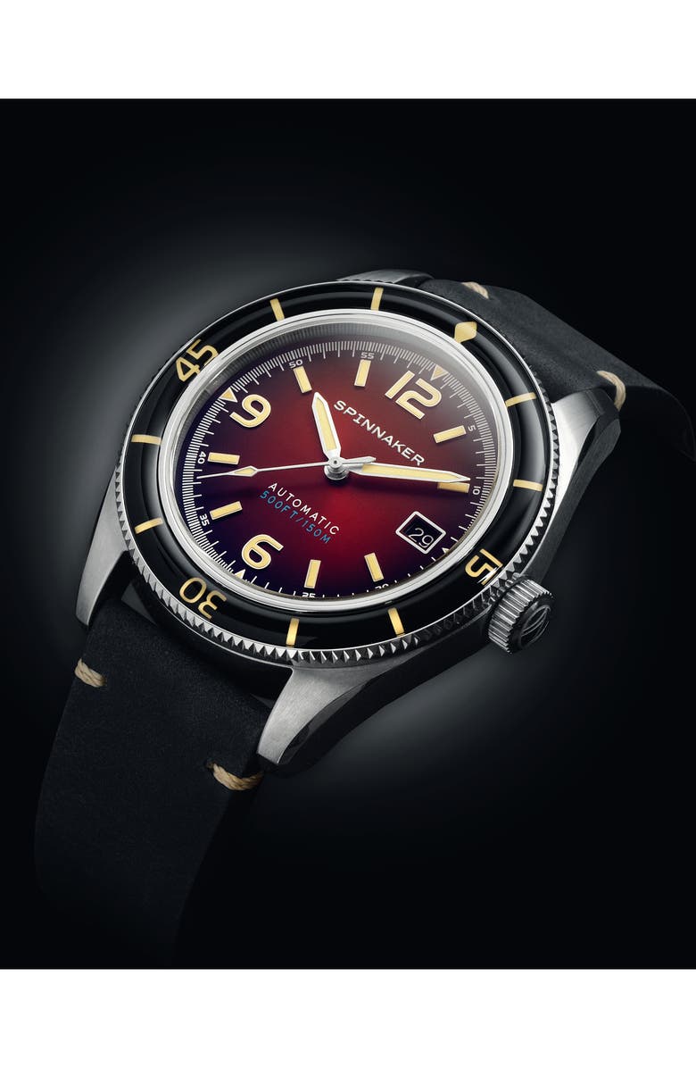 SPINNAKER Fleuss Automatic Leather Strap Watch, 43mm, Alternate, color, Red