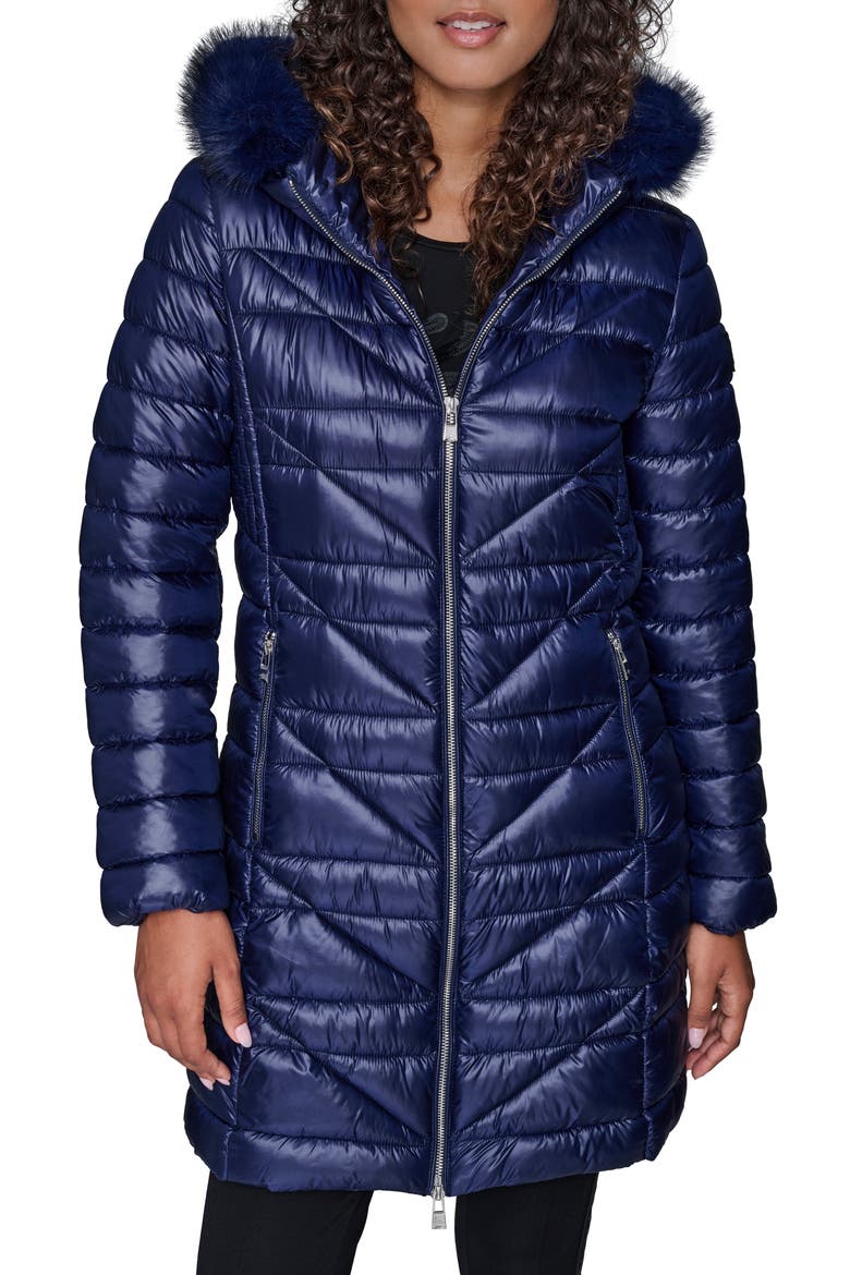 Chevron Quilted Coat with Removable Faux Fur Trim, Main, color, NAVY