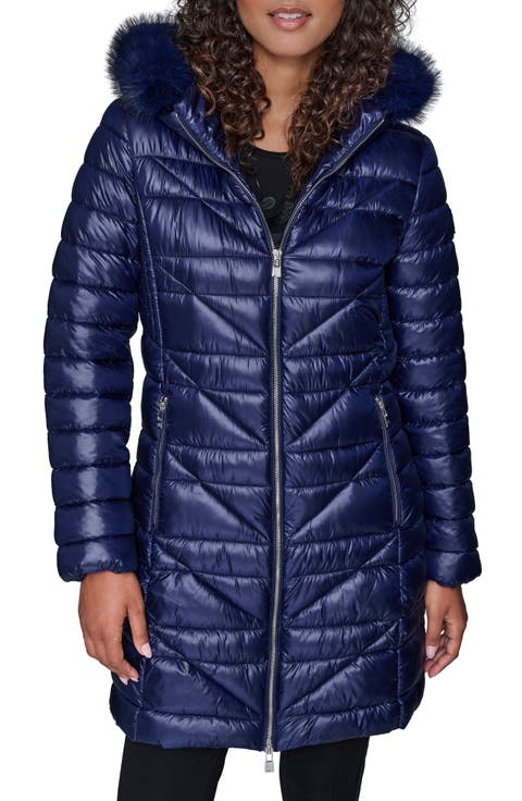 Chevron Quilted Coat with Removable Faux Fur Trim