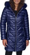 KARL LAGERFELD Chevron Quilted Coat with Removable Faux Fur Trim