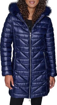 KARL LAGERFELD Chevron Quilted Coat with Removable Faux Fur Trim