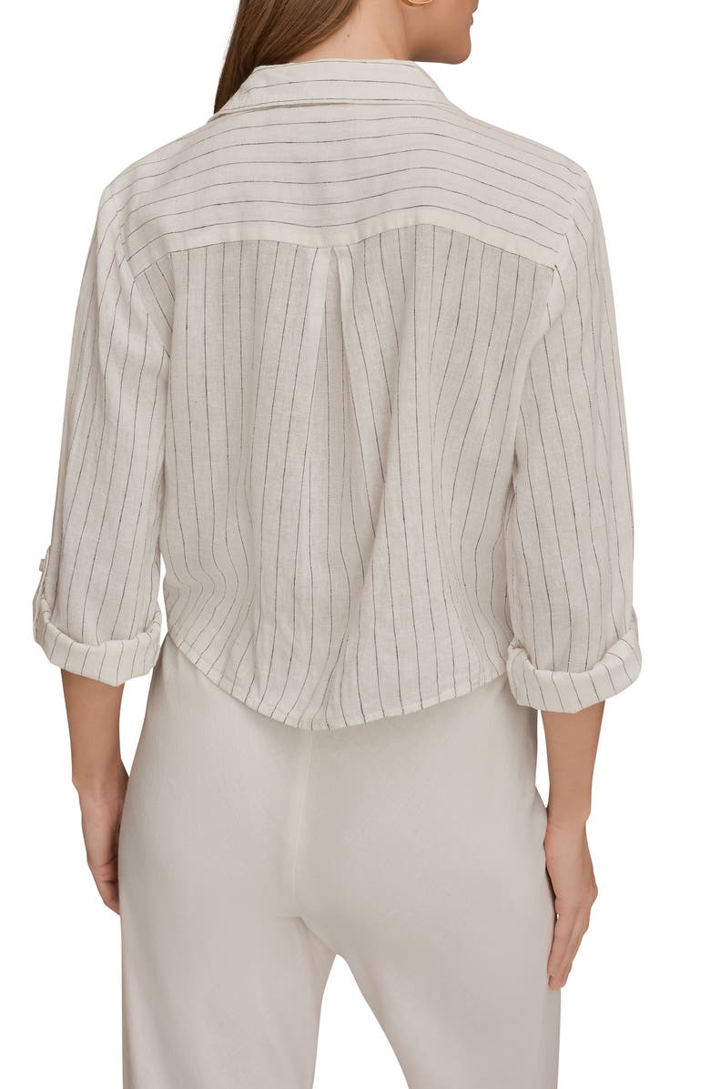 Donna Karan New York Yarn Dye Stripe Crop Linen Blend Button-Up Shirt, Alternate, color, Cream/ Black