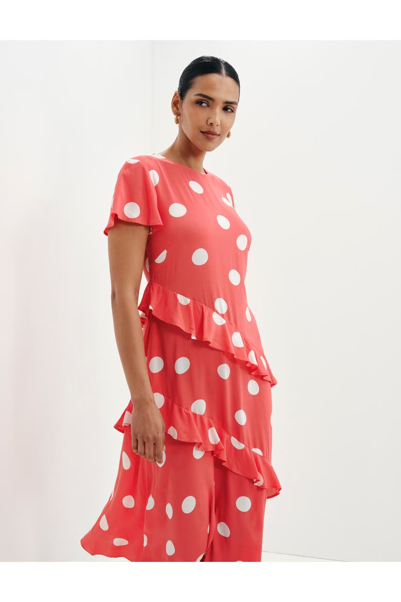Sierra Asymmetric Ruffle Midi Dress, Alternate, color, Red Spot