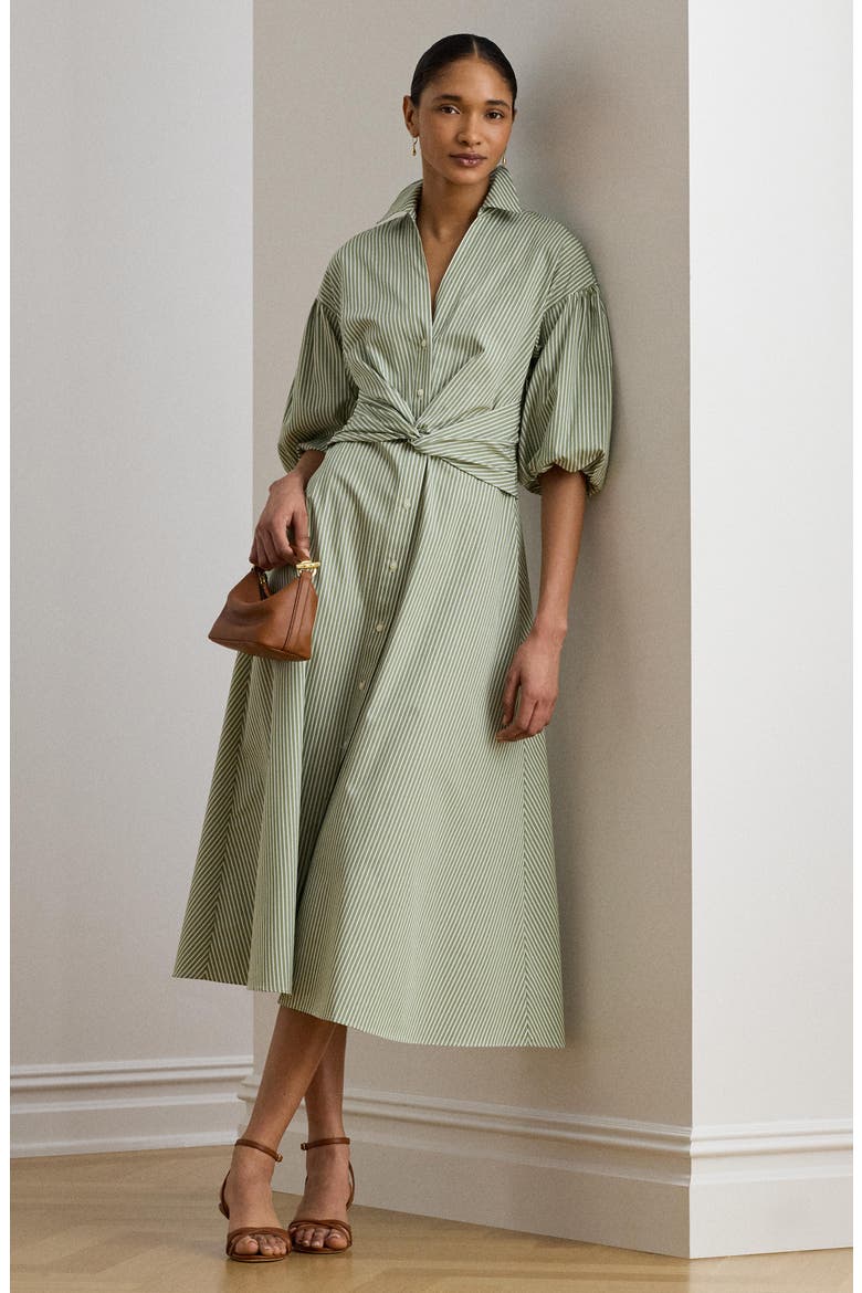 Stripe Bubble Sleeve Cotton Broadcloth Shirtdress, Alternate, color, GREEN/ WHITE