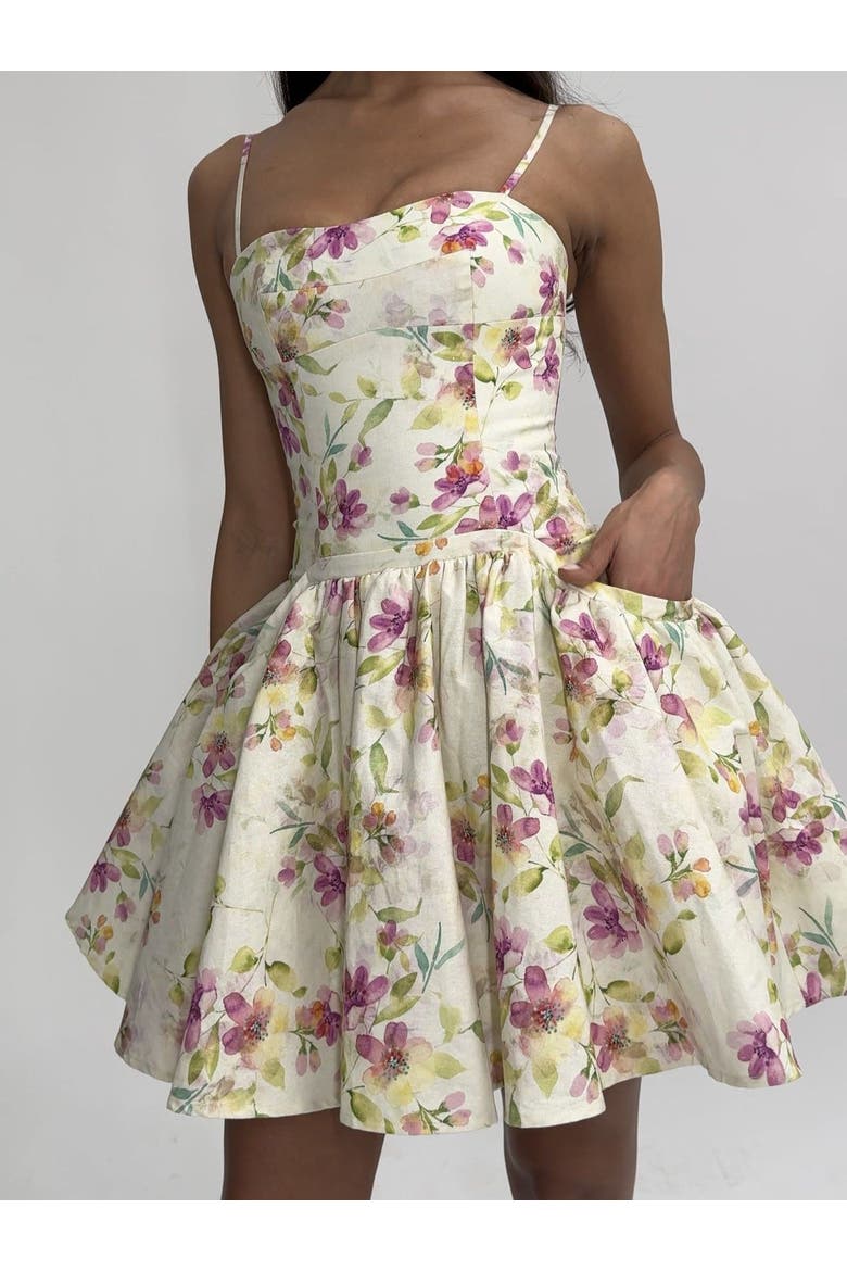 Valda Print Linen Mini Dress with Pockets, Alternate, color, Yellow pink floral print