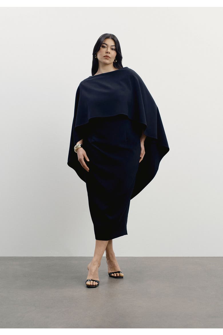 Structured Cape Midi Dress, Main, color, BLACK BEAUTY