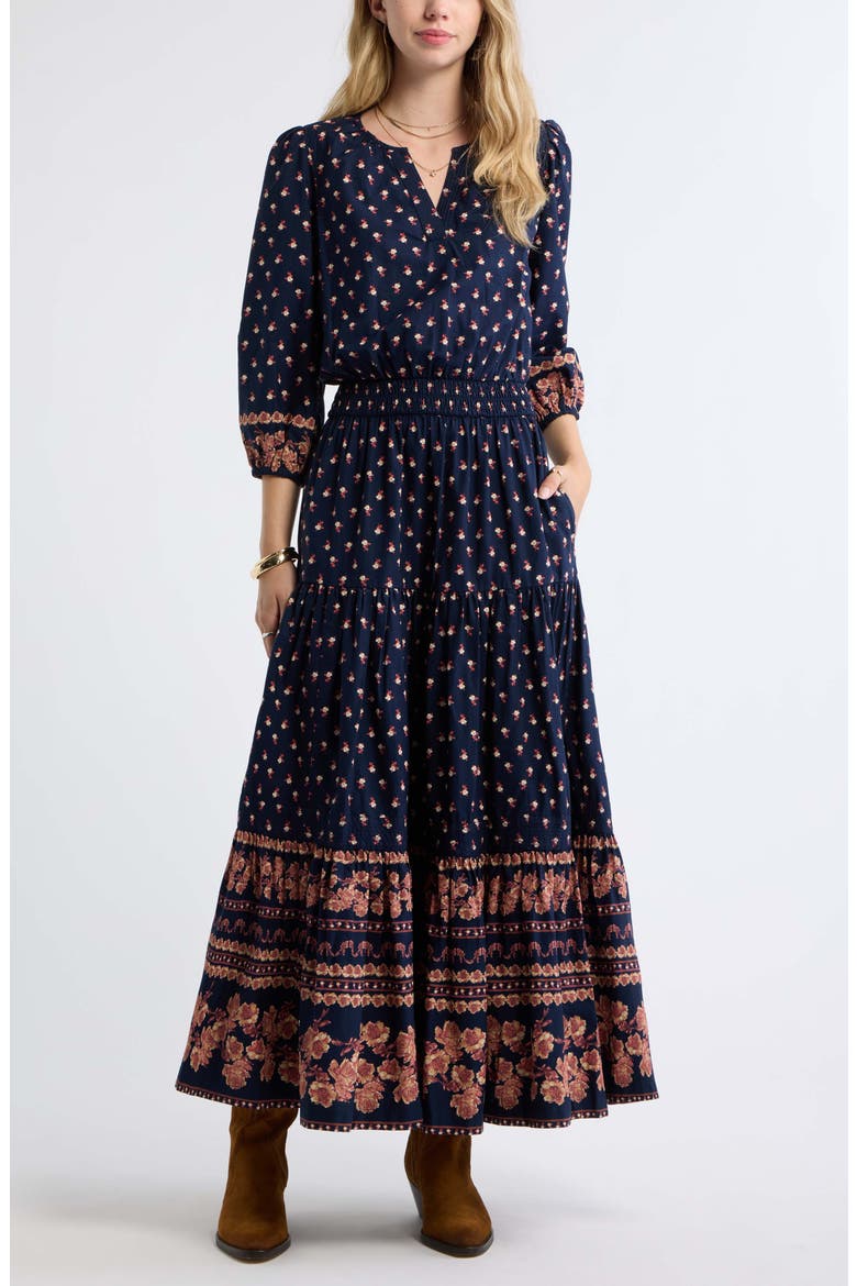 Printed Tiered Cotton Maxi Dress, Main, color, NAVY ROSE MIXED