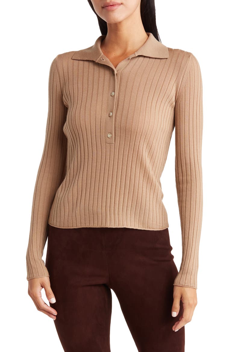 Long Sleeve Ribbed Knit Wool Polo, Main, color, SANDSTONE