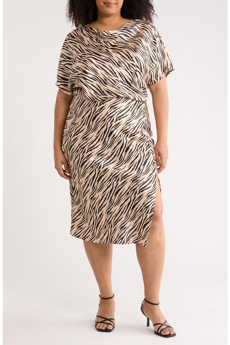 Zebra Print Short Sleeve Satin Midi Dress, Main, color, TAUPE