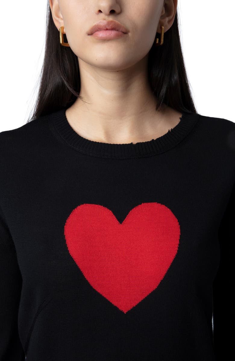 Zadig & Voltaire Gaby Intarsia Heart Wool Crewneck Sweater, Alternate, color, Noir
