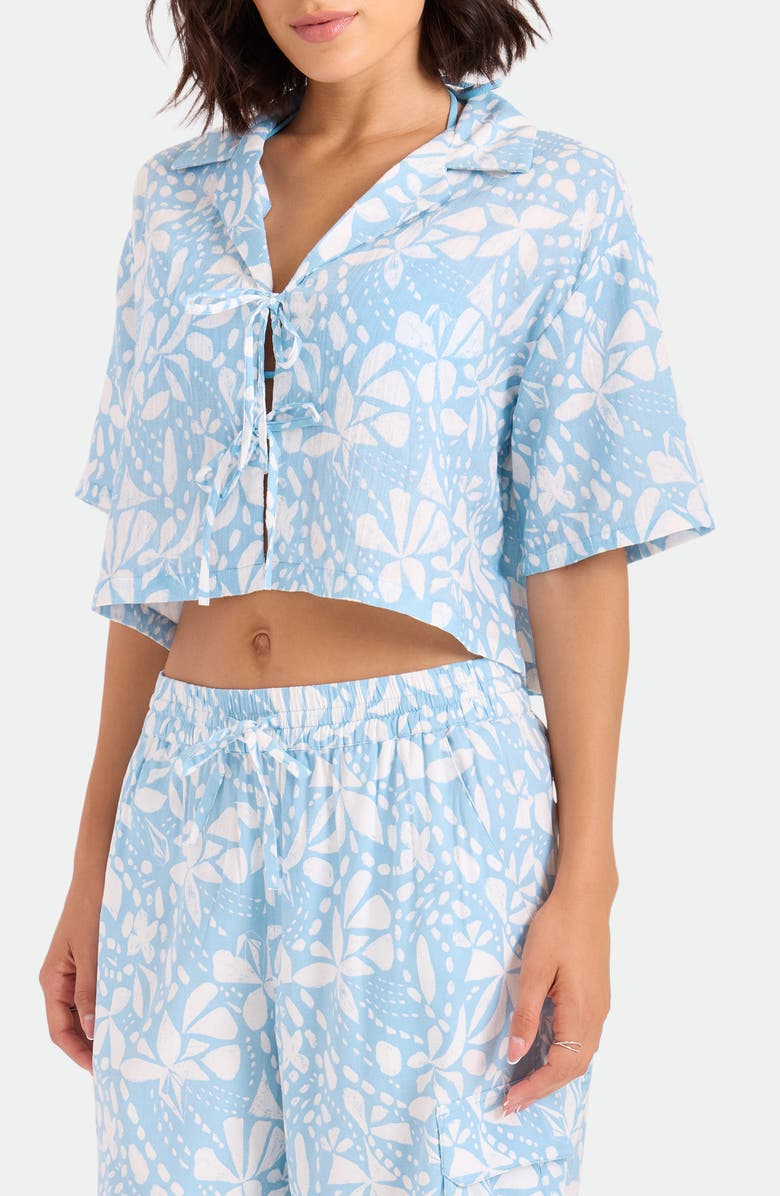 Volcom Tie Front Crop Cotton Cover-Up Shirt, Alternate, color, Blue