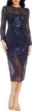Dress the Population Sophia Bead & Sequin Long Sleeve Cocktail Midi Dress
