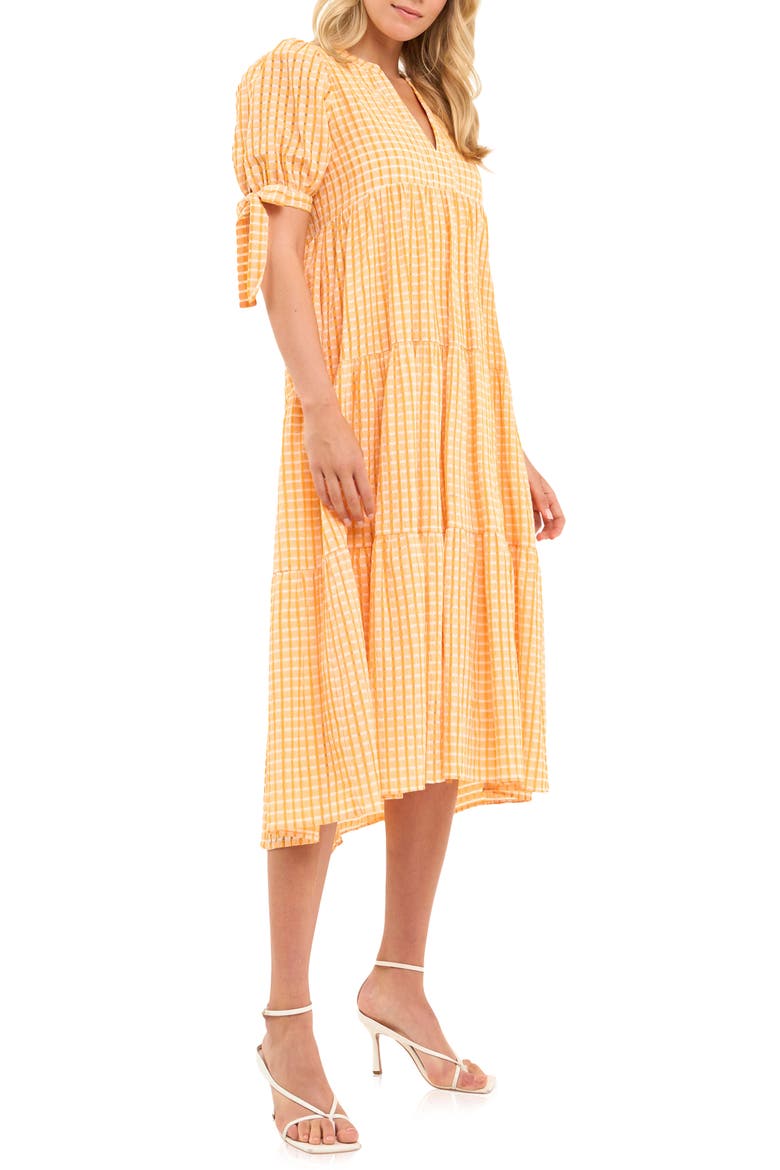 Gingham Tiered Midi Dress, Alternate, color, ORANGE