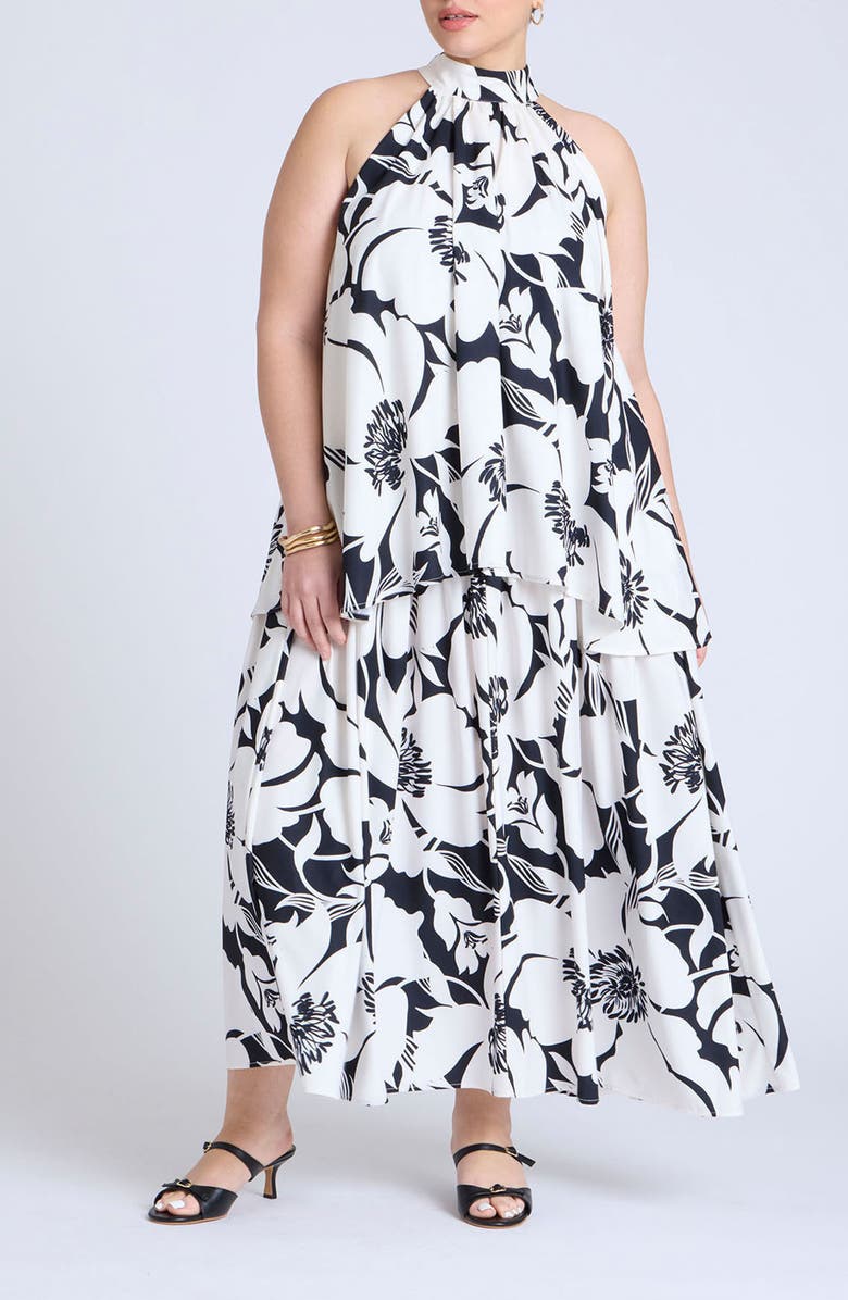 ELOQUII Floral Print Trapeze Maxi Dress, Main, color, 