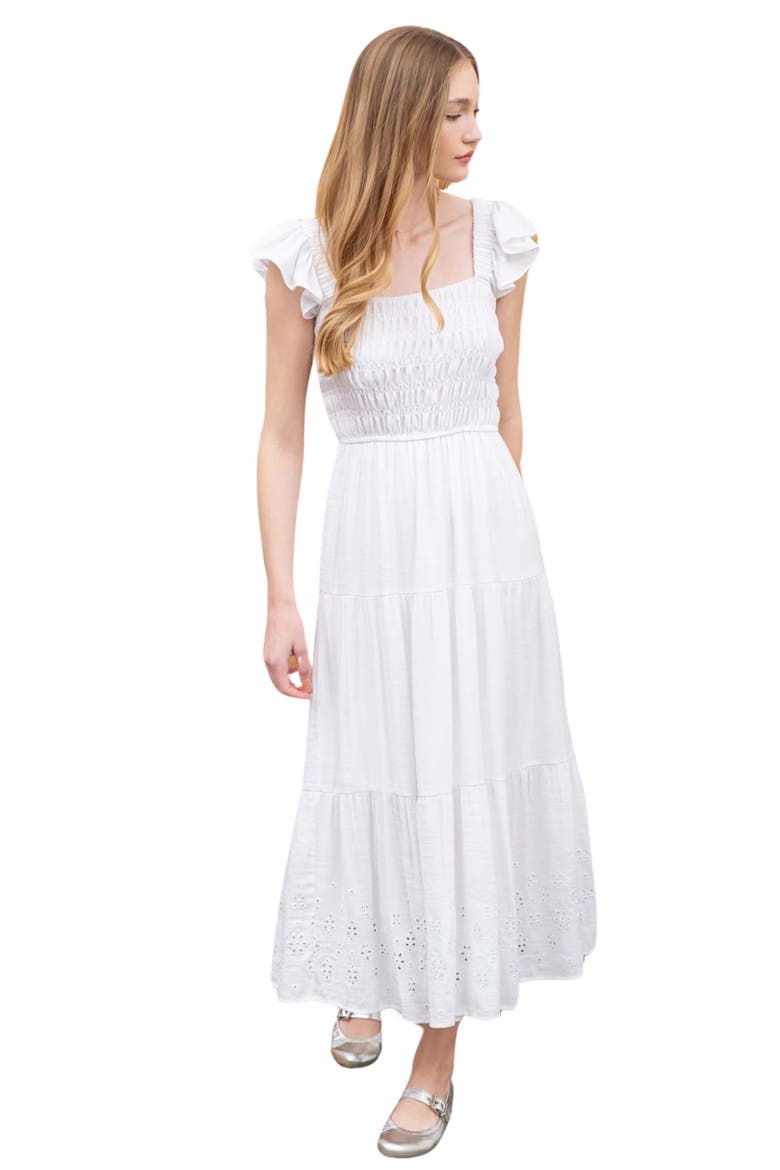 Eyelet Flutter Sleeve Midi Dress, Alternate, color, WHITE