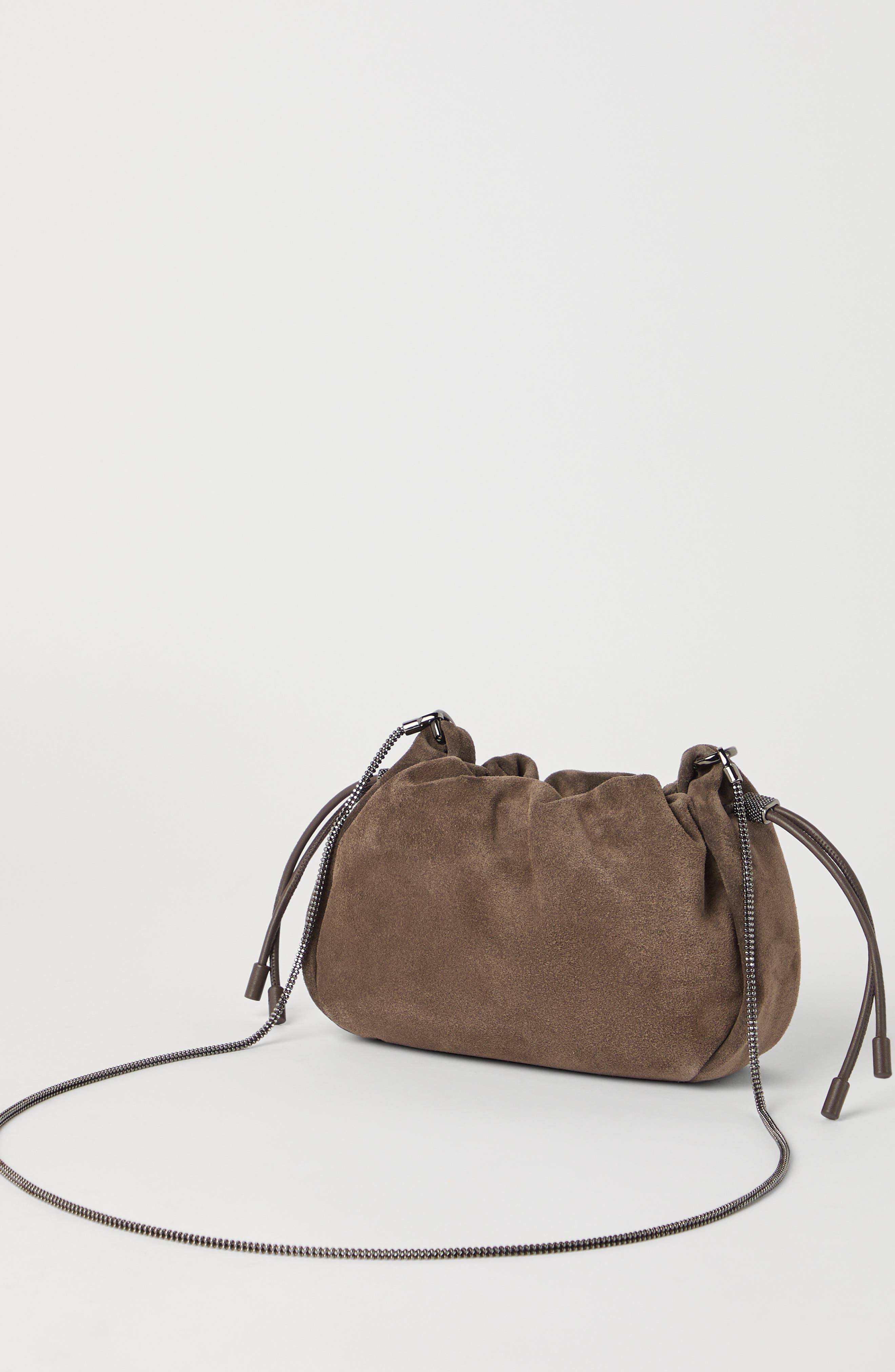 Brunello Cucinelli Suede mini Mellow Bucket bag, Alternate, color, Light Brown