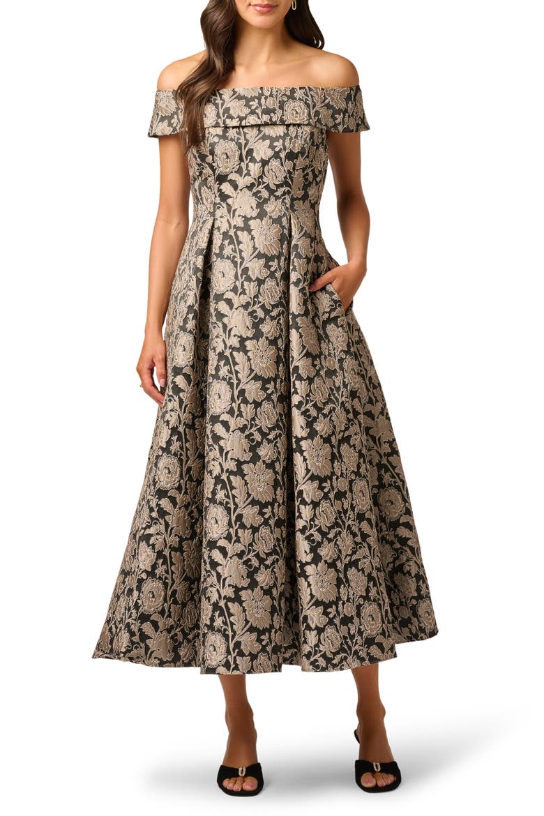 Off the Shoulder Jacquard Gown, Main, color, BLACK/ TAUPE