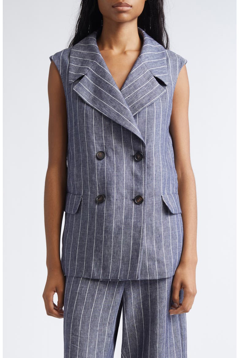 Ballo Pinstripe Double Breasted Linen Vest, Main, color, ULTRAMARINE