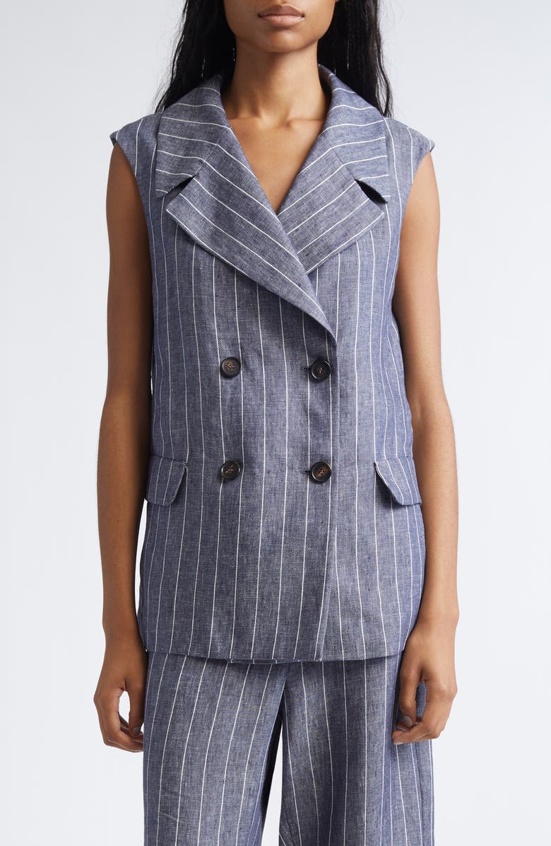Max Mara Ballo Pinstripe Double Breasted Linen Vest, Main, color, Ultramarine