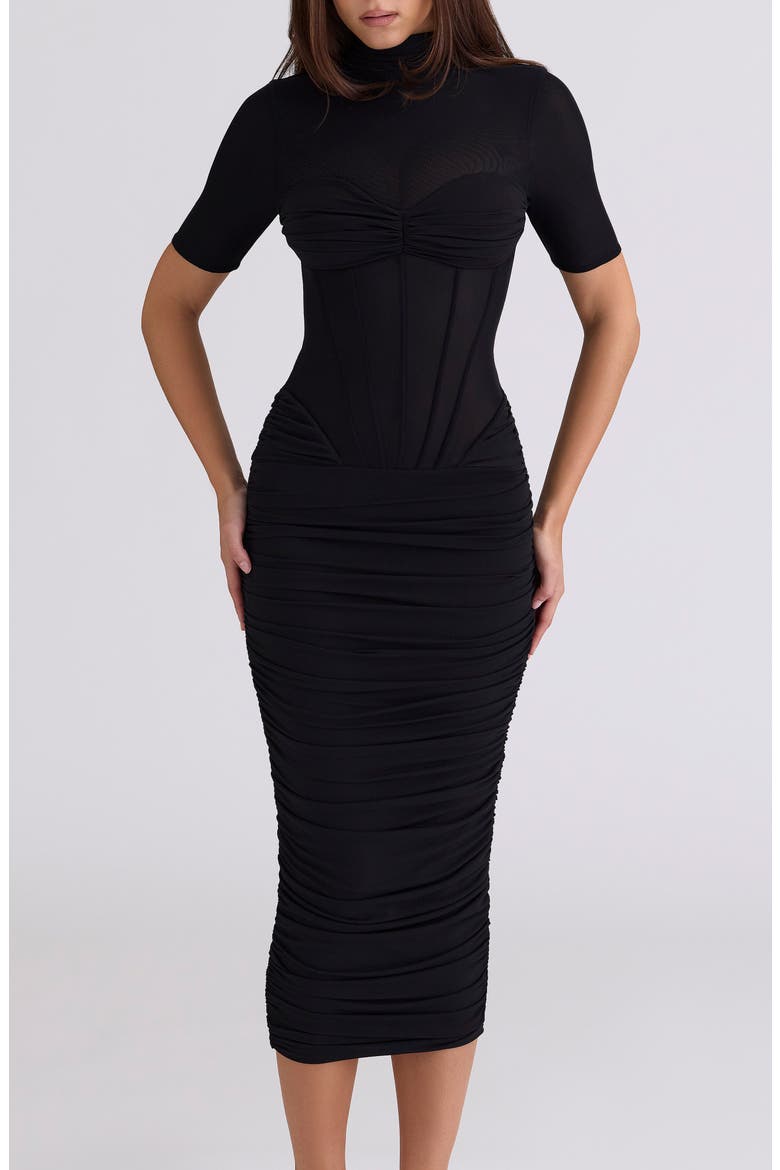 Sorrel Corset Stretch Mesh Midi Dress, Alternate, color, BLACK