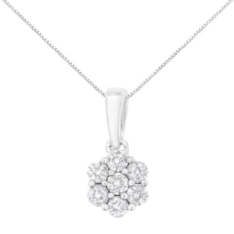 14K White Gold 1/2 cttw Diamond 7 Stone Floral Cluster Pendant Necklace