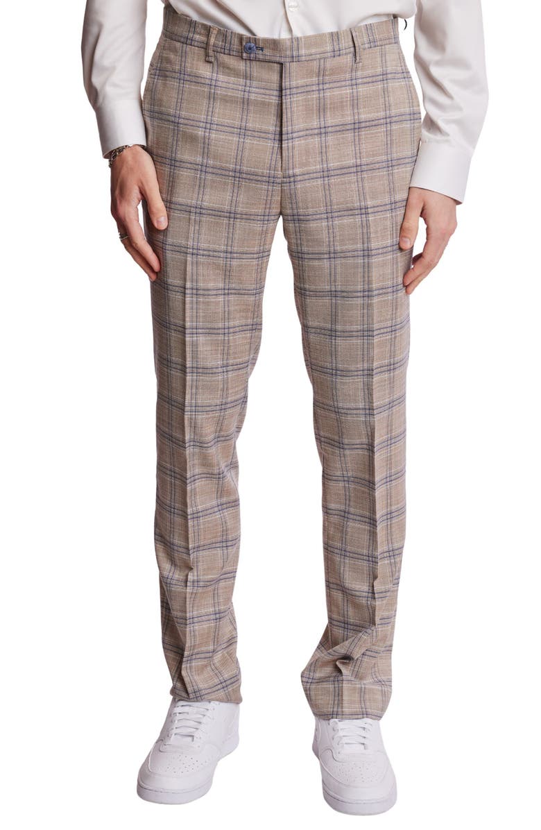 PAISLEY & GRAY Downing Slim Flat Front Windowpane Dress Pants, Main, color, Tan Blue White Check