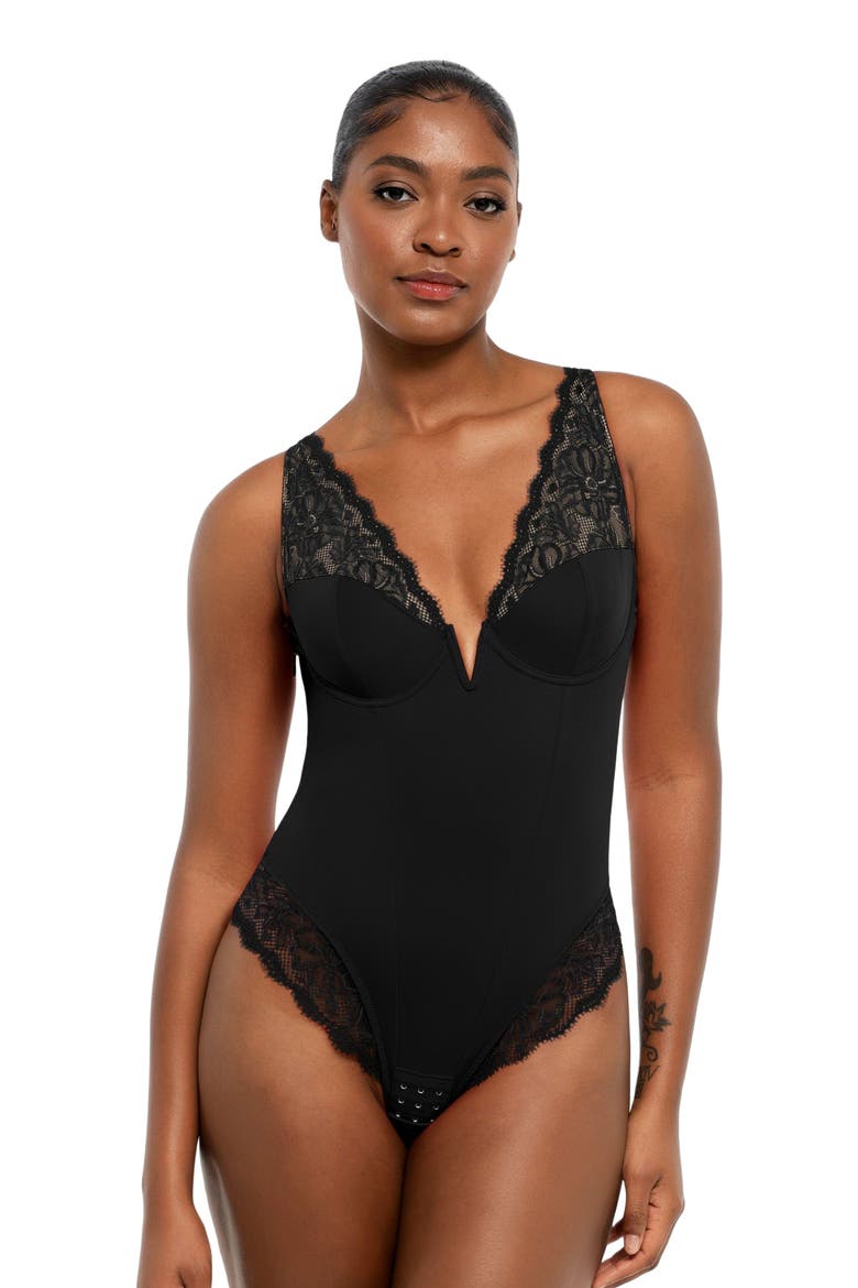 Shapewear Deep V-Neck Sculpting Lace Inset Bodysuit (Women