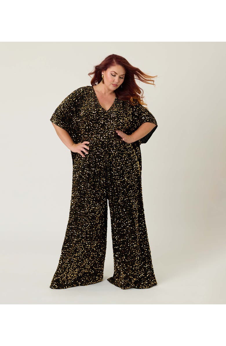 Unique Vintage Plus Size Caftan Jumpsuit, Alternate, color, Black & Gold