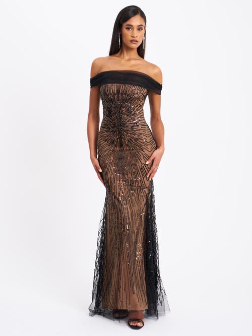 Miss Circle Women Qeturah Embroidered Sequin Off Shoulder Mesh Gown In Brown