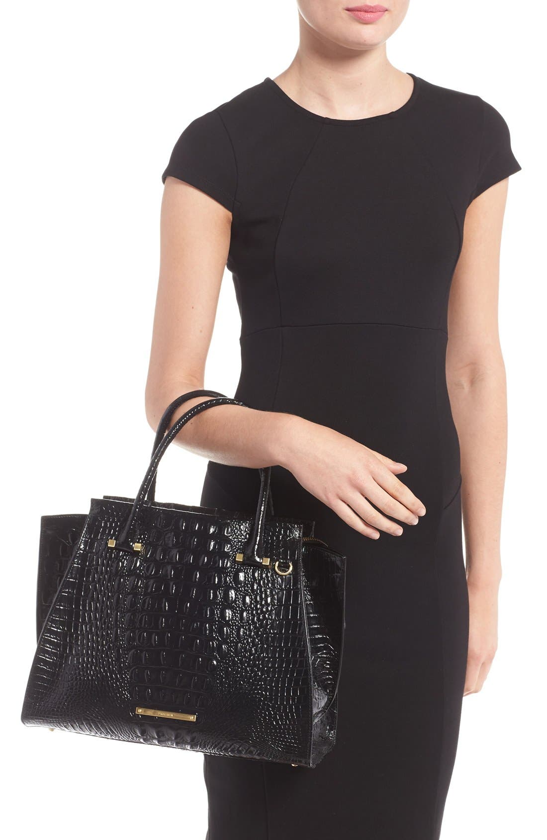 'Priscilla' Croc Embossed Leather Satchel, Alternate, color, BLACK