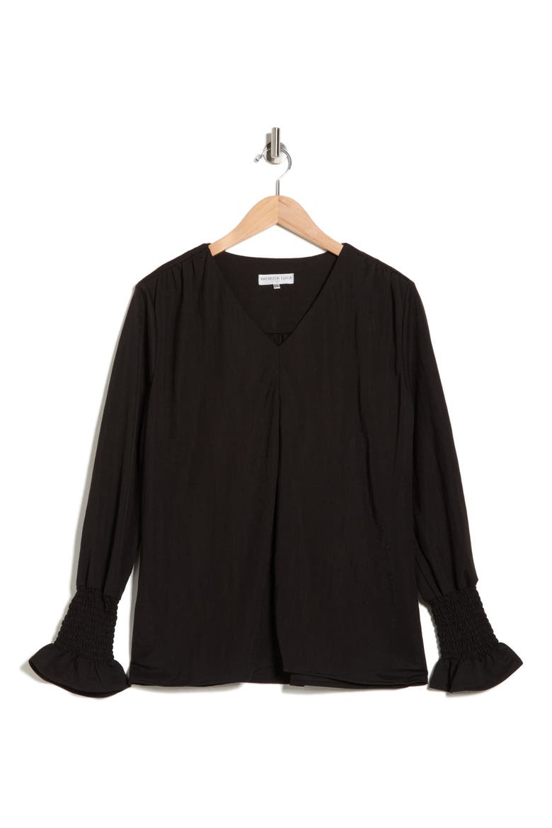 Long Sleeve Smocked Cuff V-Neck Top, Alternate, color, BLACK