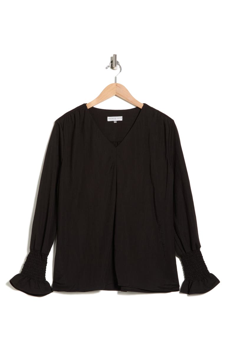 PATRIZIA LUCA Long Sleeve Smocked Cuff V-Neck Top, Alternate, color, Black