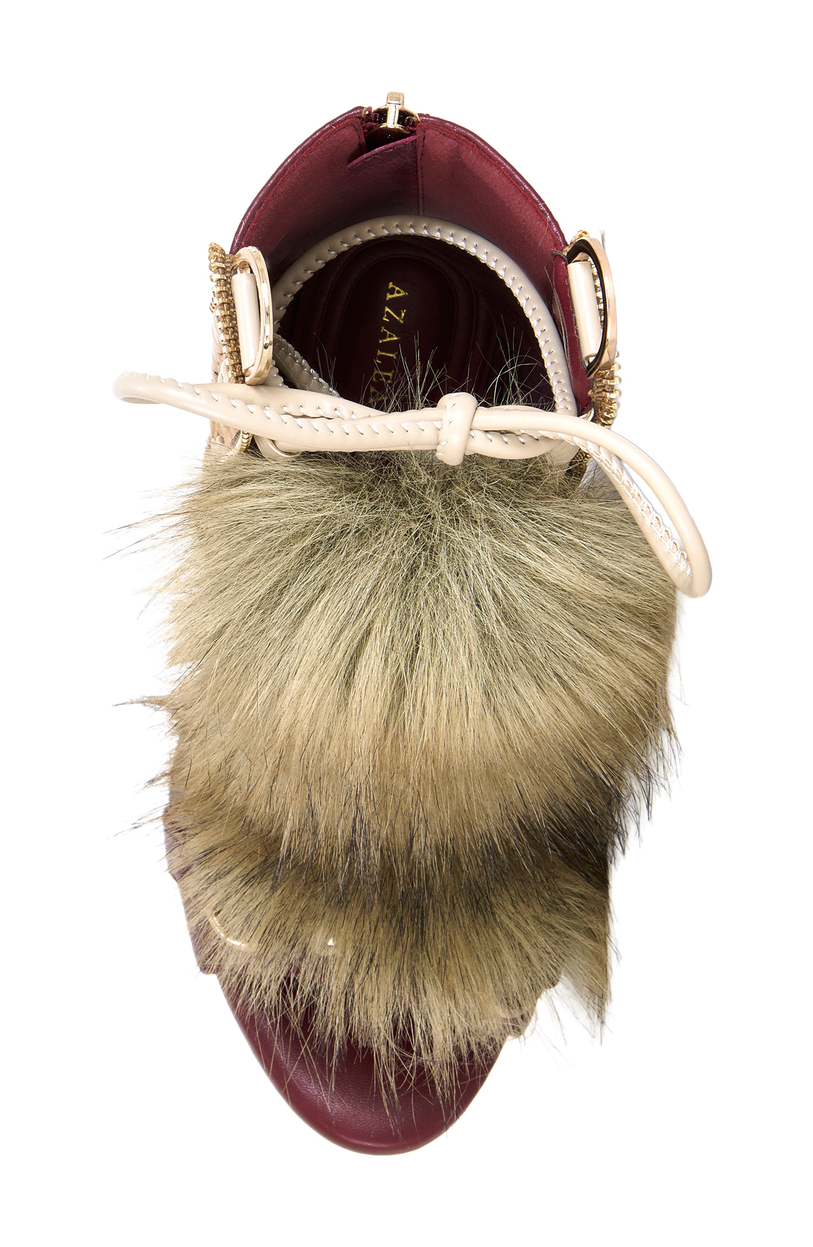Shainy Faux Fur Open Toe Bootie, Alternate, color, BURGUNDY MULTI