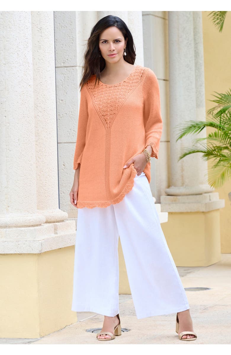 Roaman's Lace Knit Pullover Sweater, Alternate, color, Rich Brown