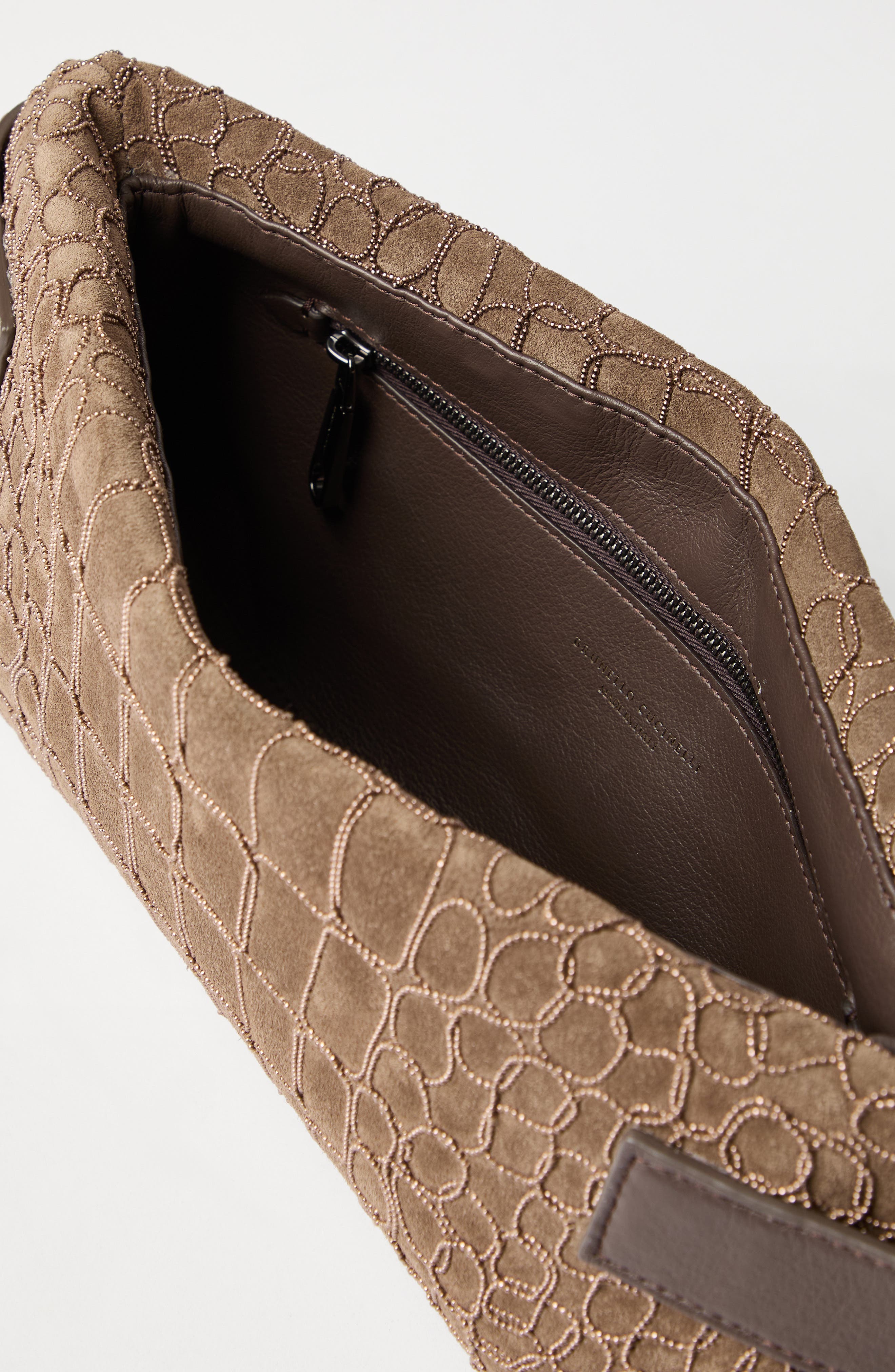 Brunello Cucinelli Essence pouch bag with croc embroidery, Alternate, color, Brown