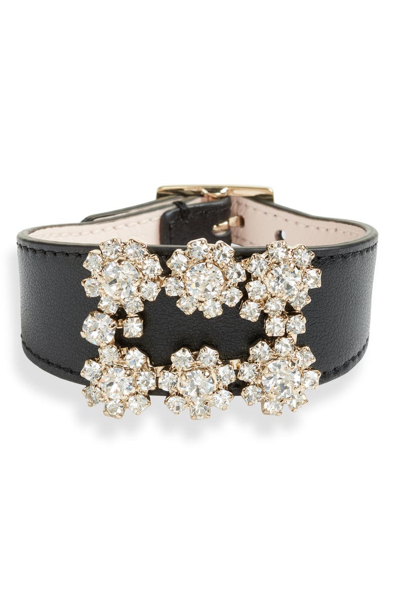 Roger Vivier Flower Strass Buckle Leather Bracelet, Main, color, 