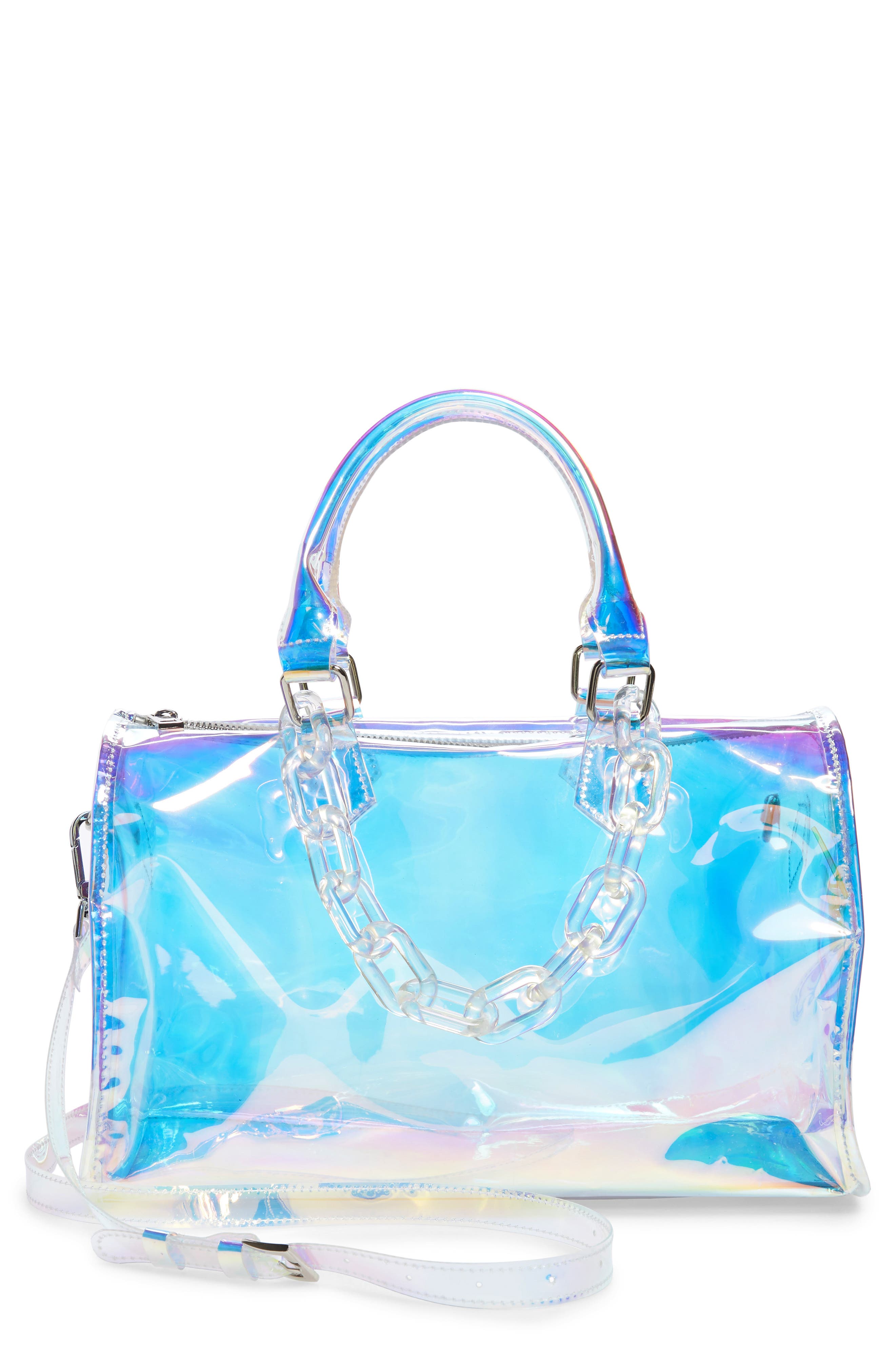 Translucent Iridescent Barrel Bag, Main, color, HOLOGRAM
