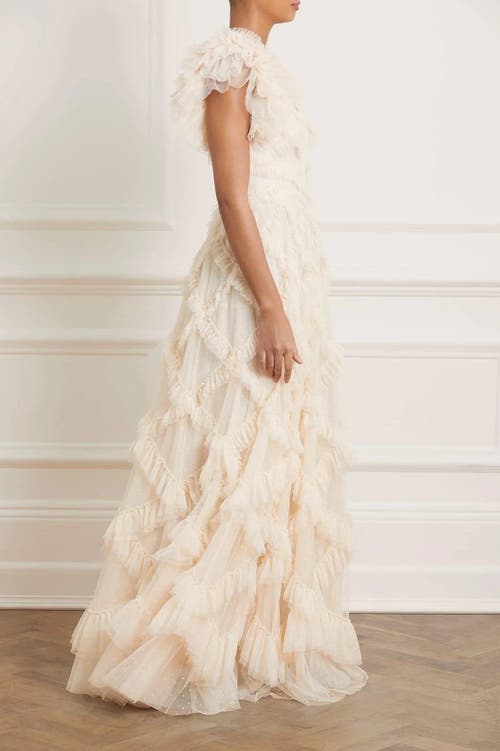 Needle & Thread Genevieve Ruffle Short Sleeve Maxi Gown In Neutral
